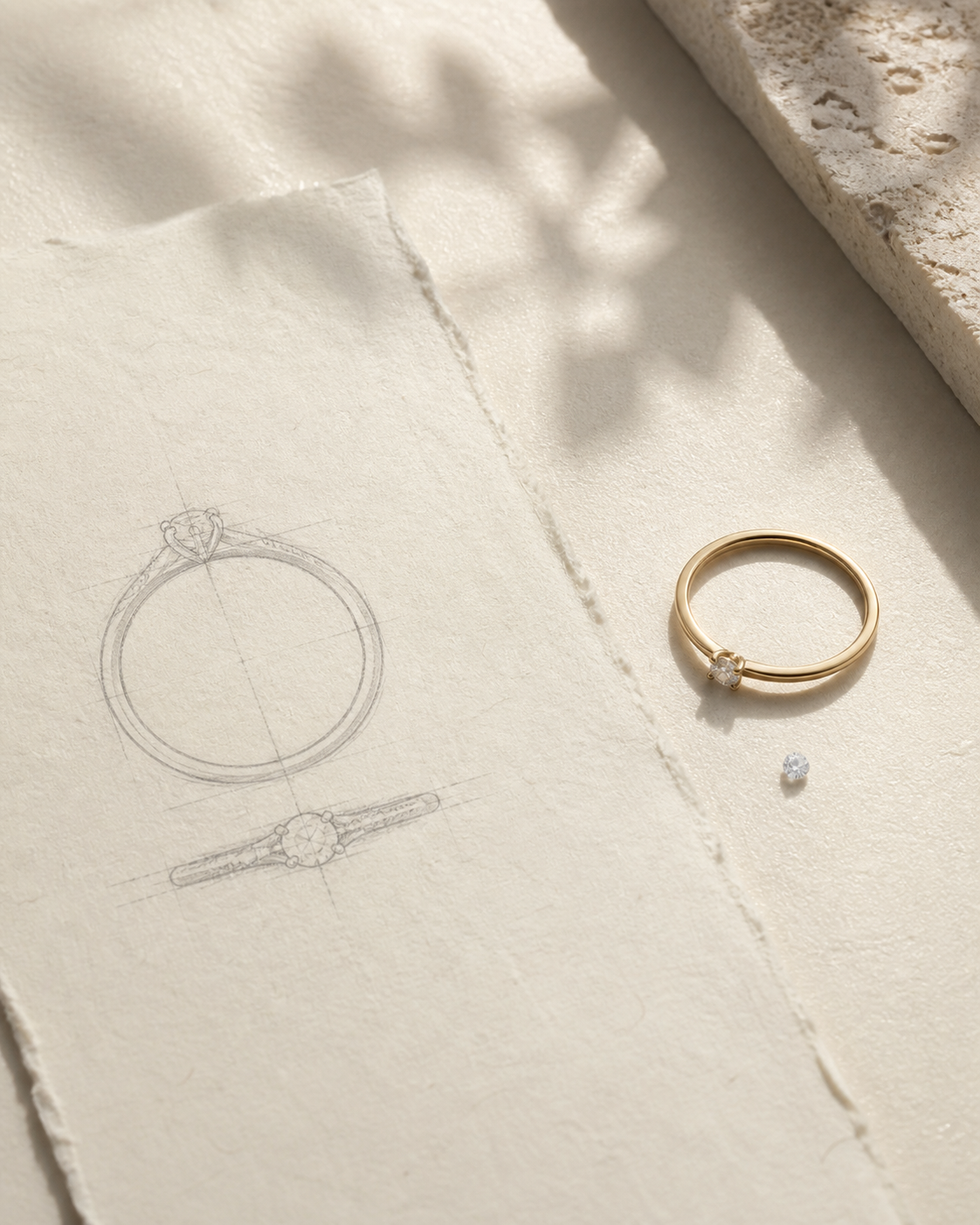 Jewellery design sketch with gold ring and diamond