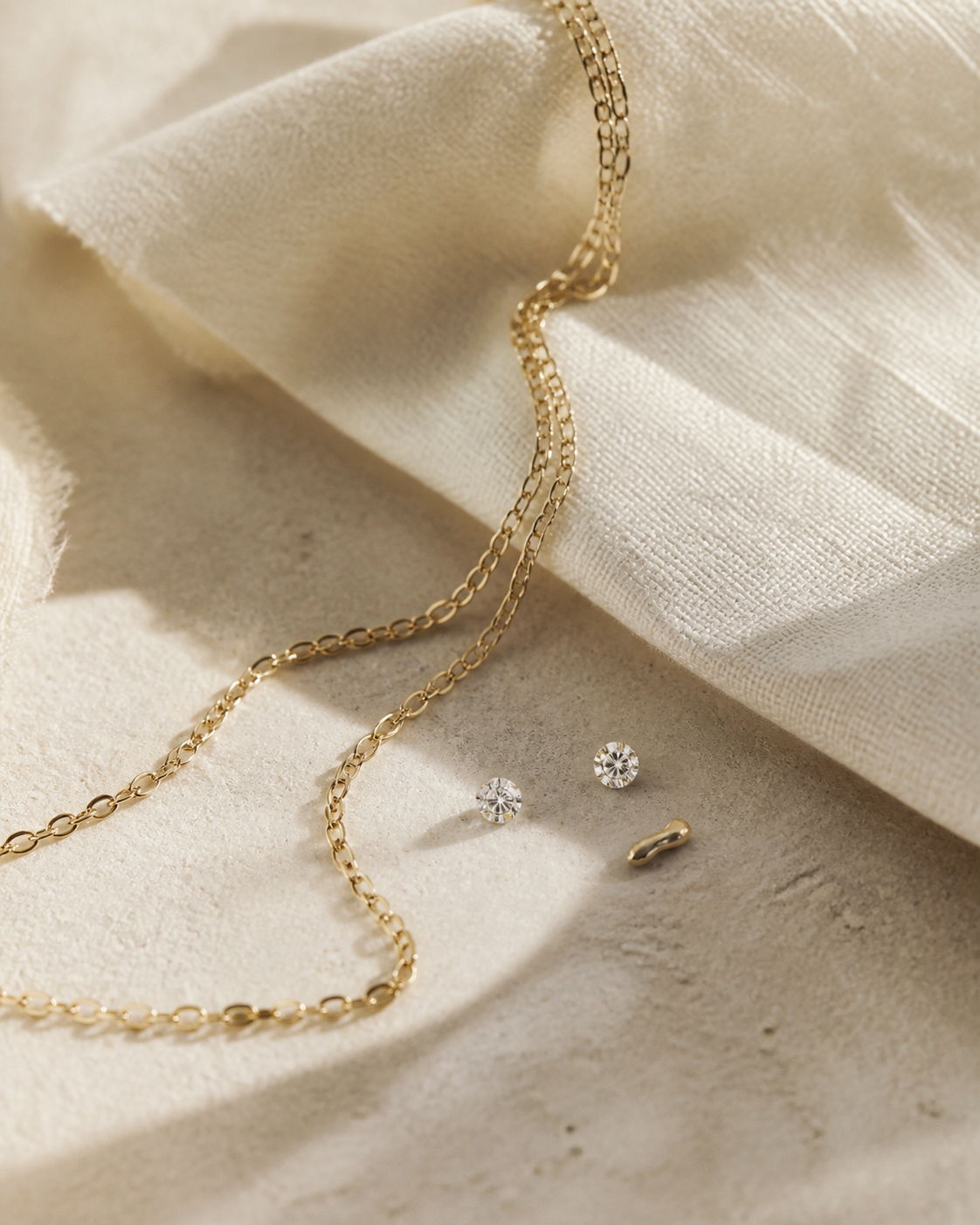 Gold chain and diamonds on natural linen