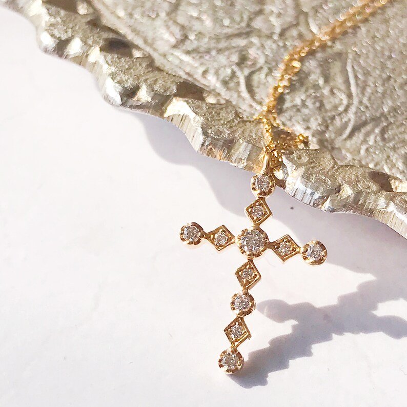 10 18K Gold Diamond Cross Necklace | Delicate Vintage Pendant