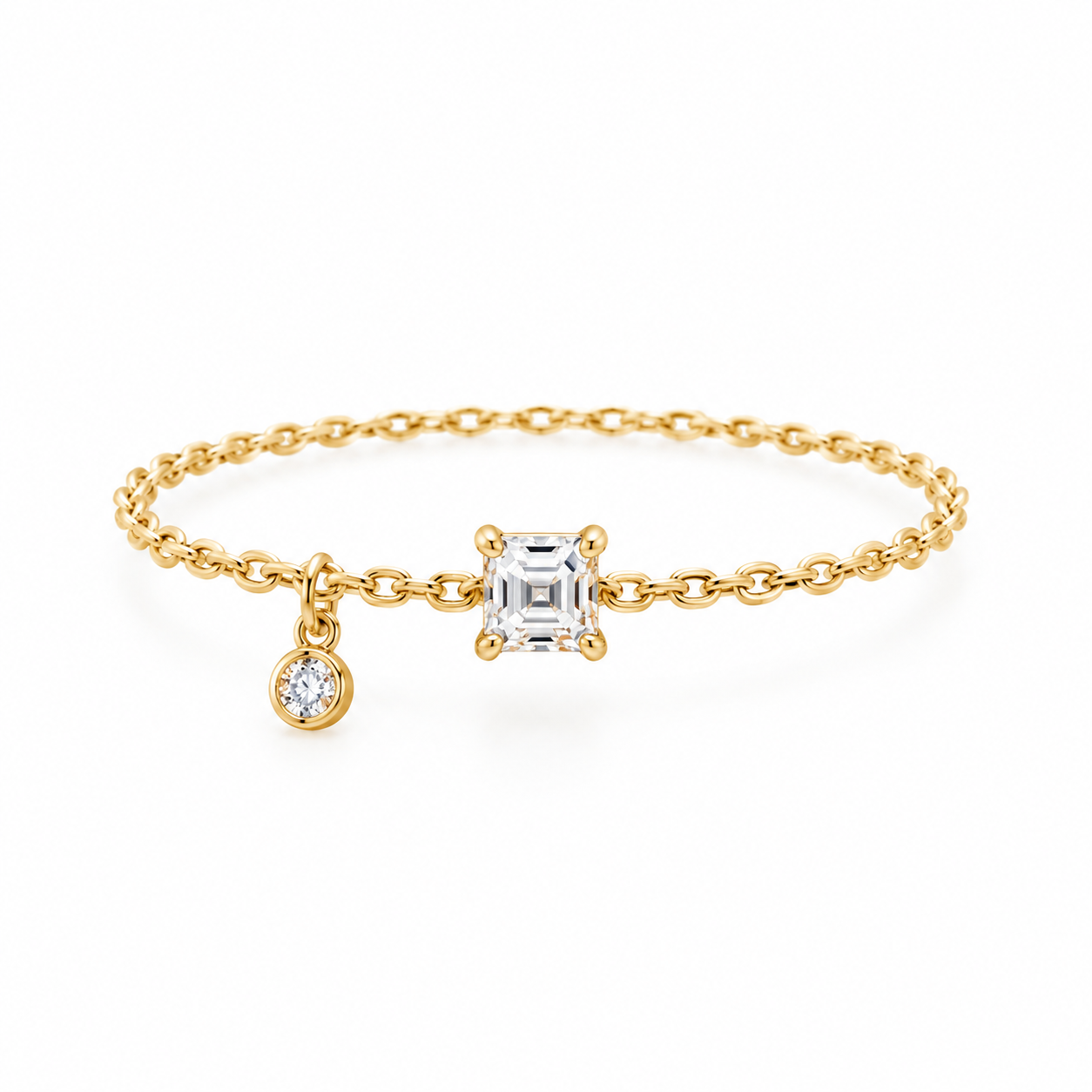 14K Solid Gold Diamond Chain Ring，14K Solid Gold Asscher Diamond Chain Ring，Moissanite Chain Ring