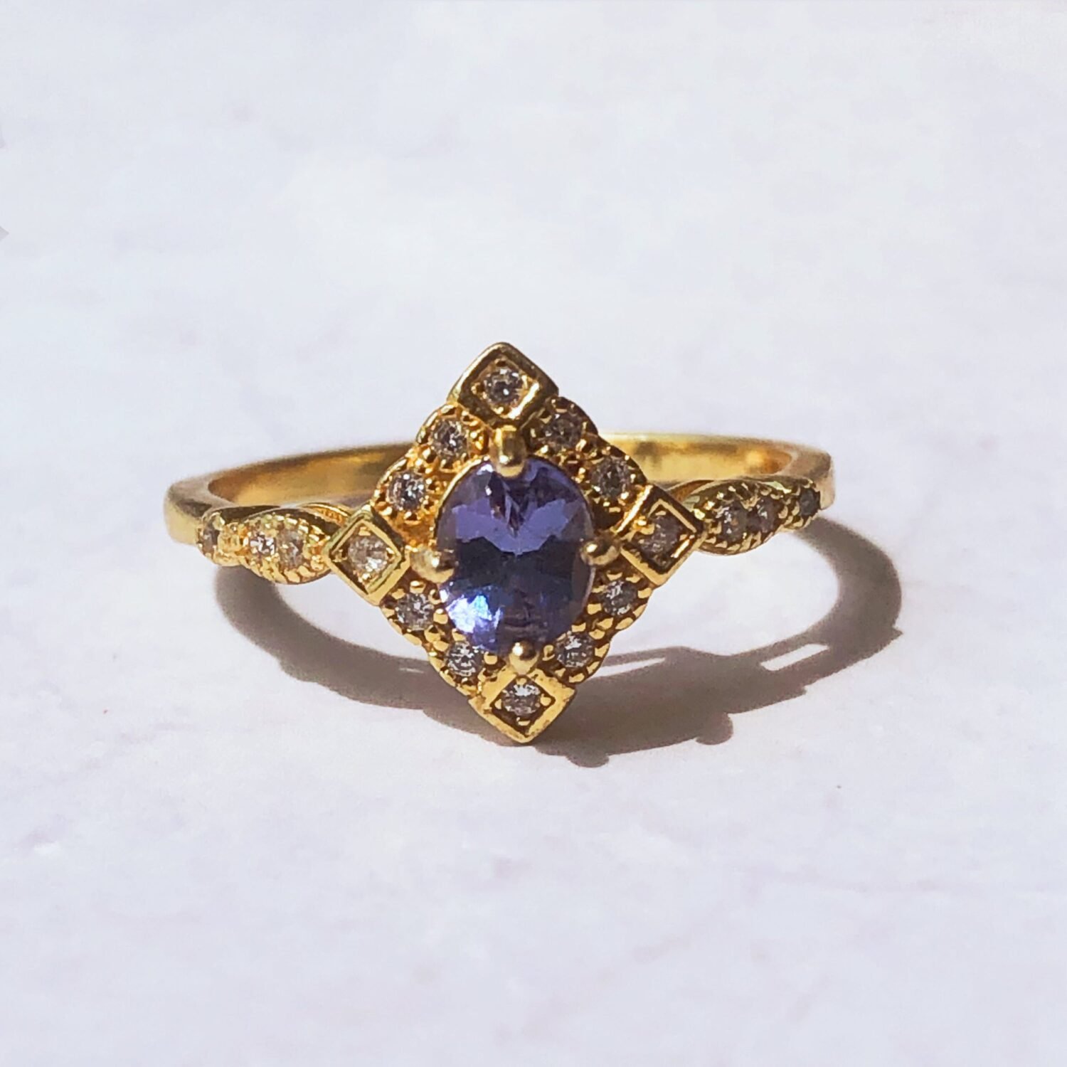 0.68ct AAA blue tanzanite cushion women engagement ring, Birthstone December,diamonds pave, art deco vintage ring gift 14k rose gold