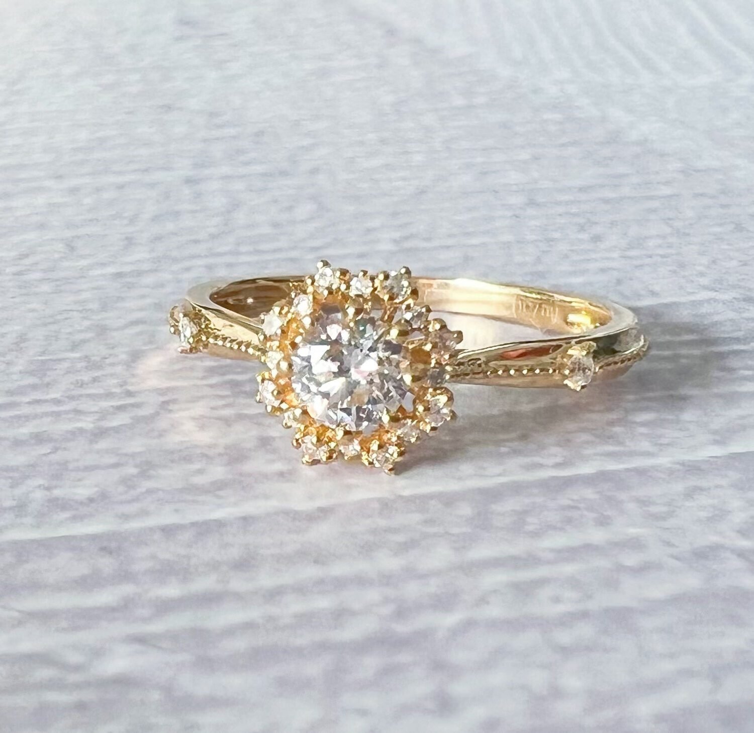 14k Solid Gold Snowflake Moissanite Diamond Milgrain Band Engagement Rings, Minimalist Solitaire Promise Rings, Sparkling Anniversary Ring