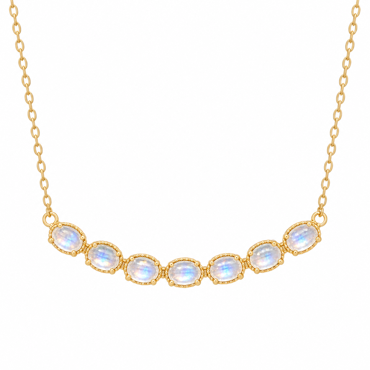 18K Solid Gold Natural Moonstone Seven-Stone Necklace