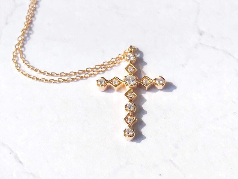 4_d2b9933e-0696-41cc-8df9-52a37a1e0b8f 18K Gold Diamond Cross Necklace | Delicate Vintage Pendant