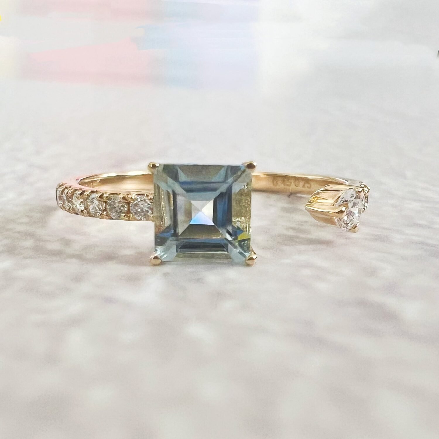 18K Diamond Cuff Ring Unique Aquamarine Ring