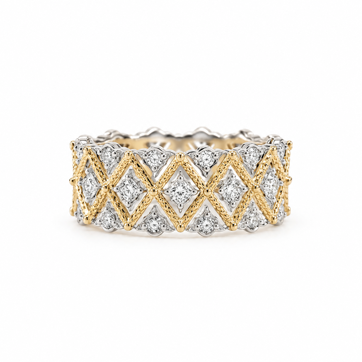 a6af95b9-8ab2-463d-be49-92a0a6aff70c Two-Tone Gold Geometric Diamond Wide Band Ring