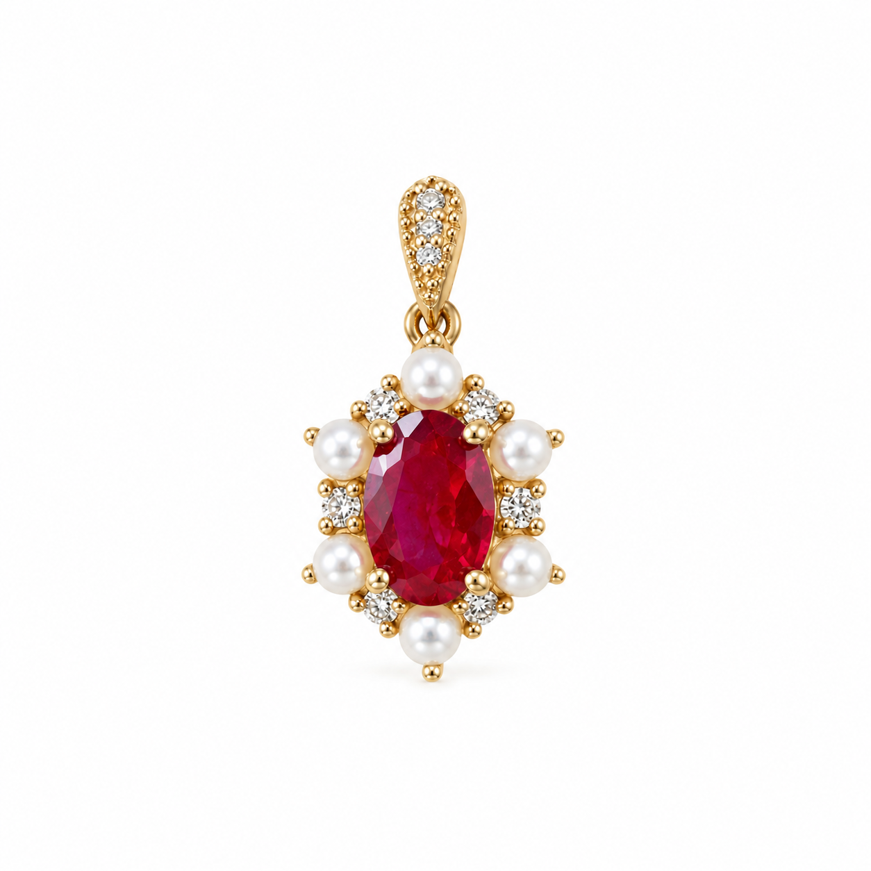 18K Yellow Gold Ruby, Pearl & Diamond Pendant