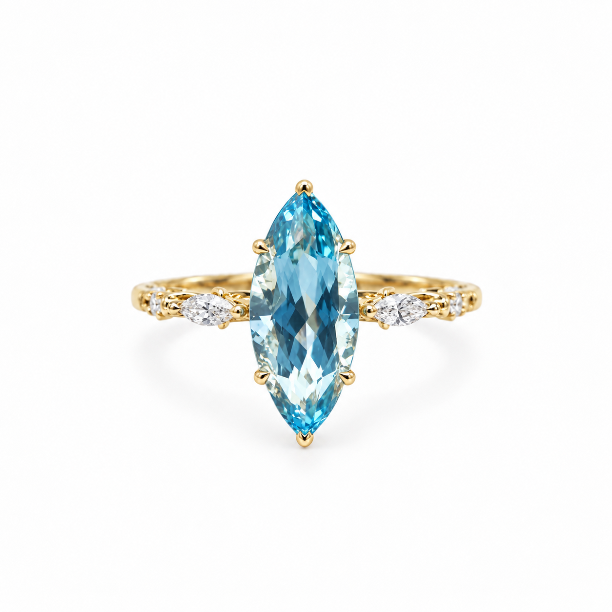 14K Solid Gold Marquise Santa Maria Blue  Aquamarine Engagement Ring & VS Diamond Ring 14K  Promise Ring Vintage Diamond Aquamarine Ring