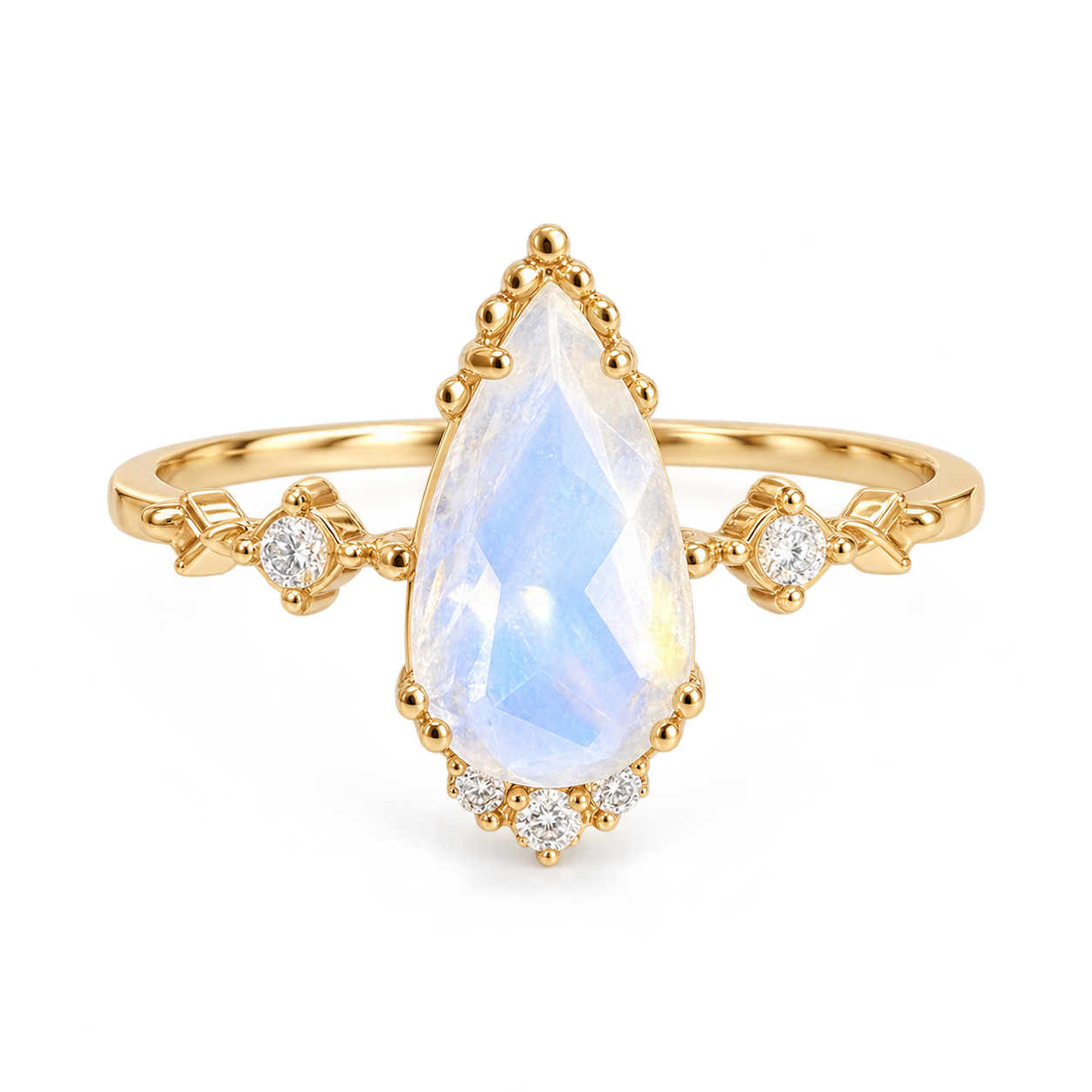 Natural Moonstone & Diamond Ring in Solid Gold | Pear Cut June Birthstone Ring