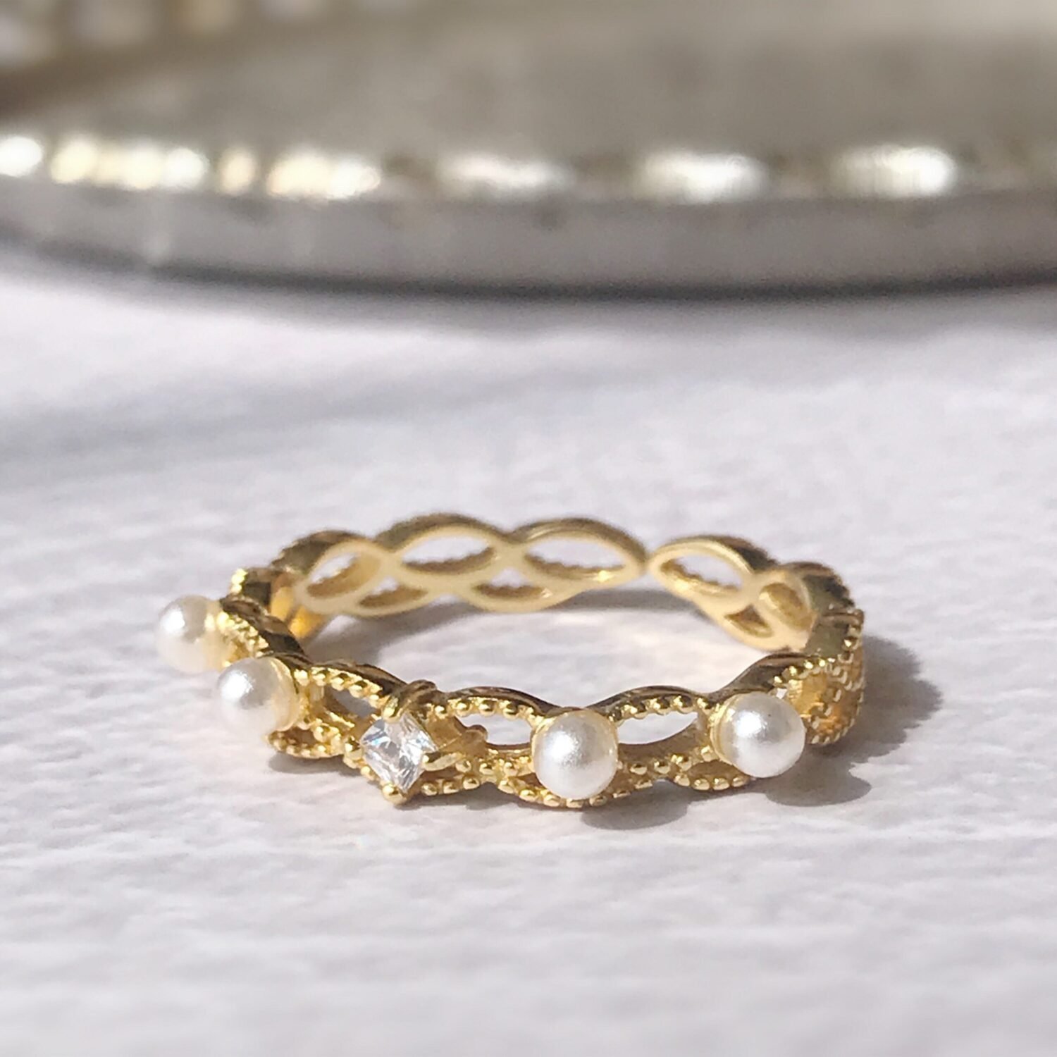 Pearl Ring Unique Minimalist Diamond Ring