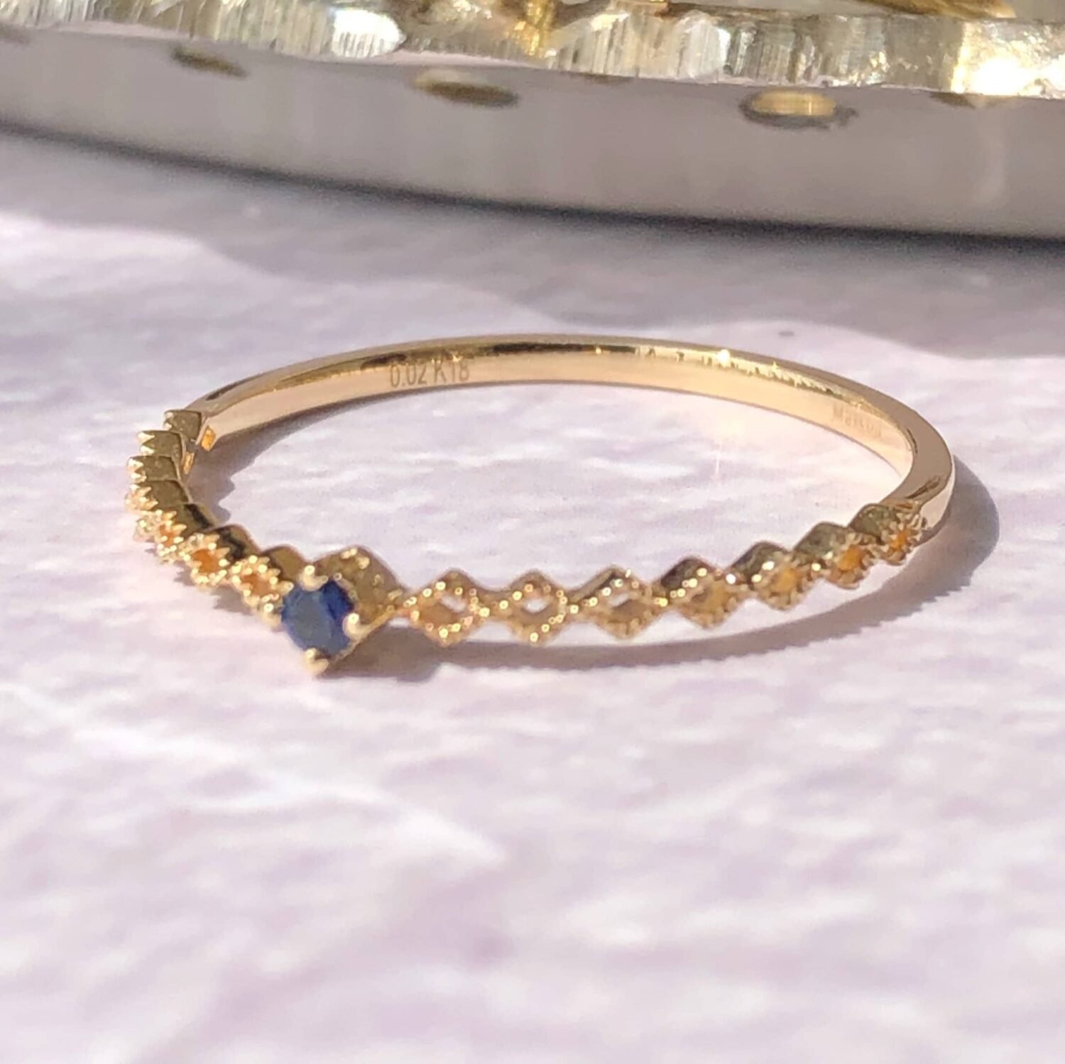 14k Solid Gold Sapphire Marquise Band Ring, Dainty Lace Ring, Marquise Gold Ring, Stackable Band, Marquise Wedding Ring in 14k Solid Gold