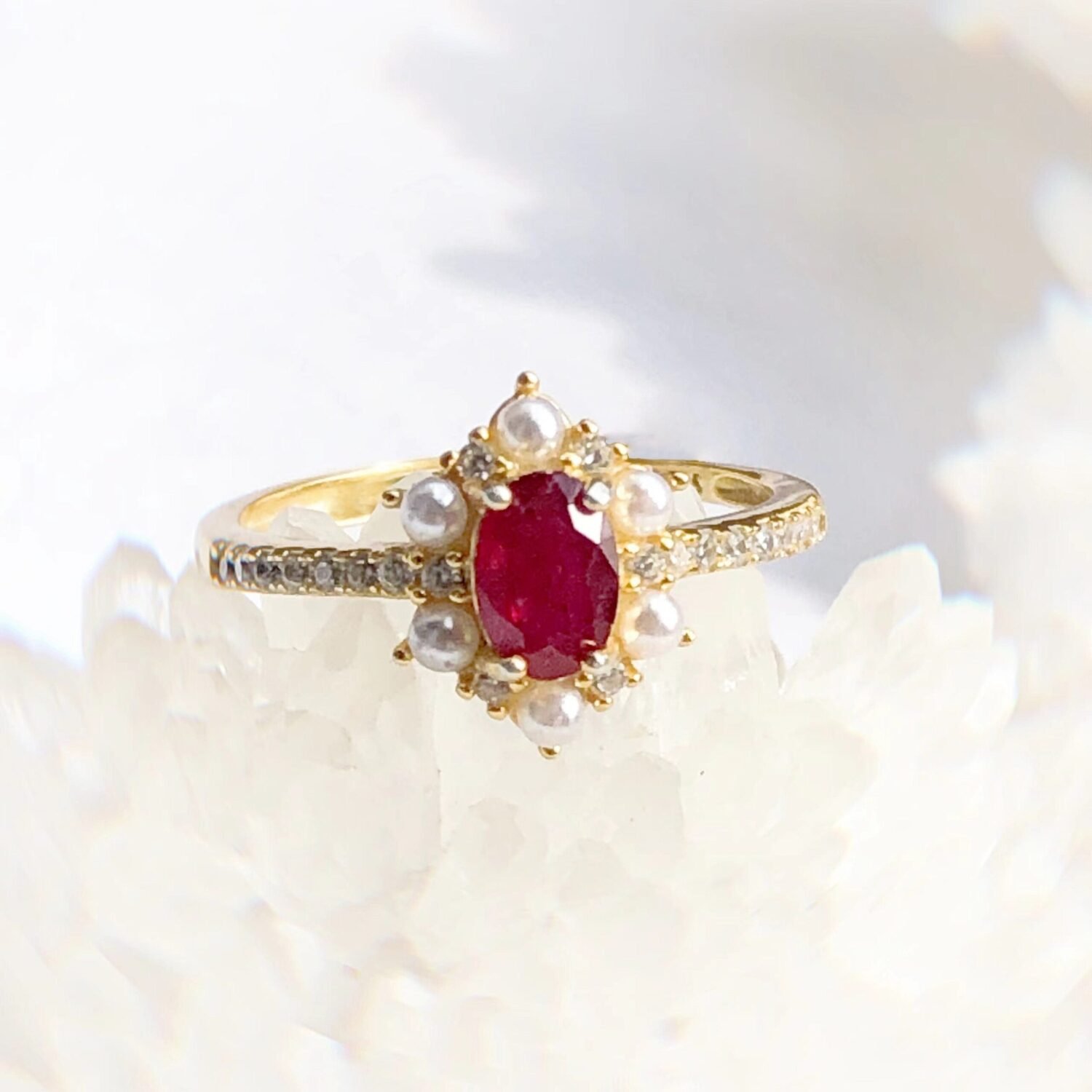 18K Solid gold Ruby Ring Diamond Engagement Ring 14K Solid Gold Bridal Ring Natural Akoya Pearl Halo Ring Art Deco Promise Ring For Women