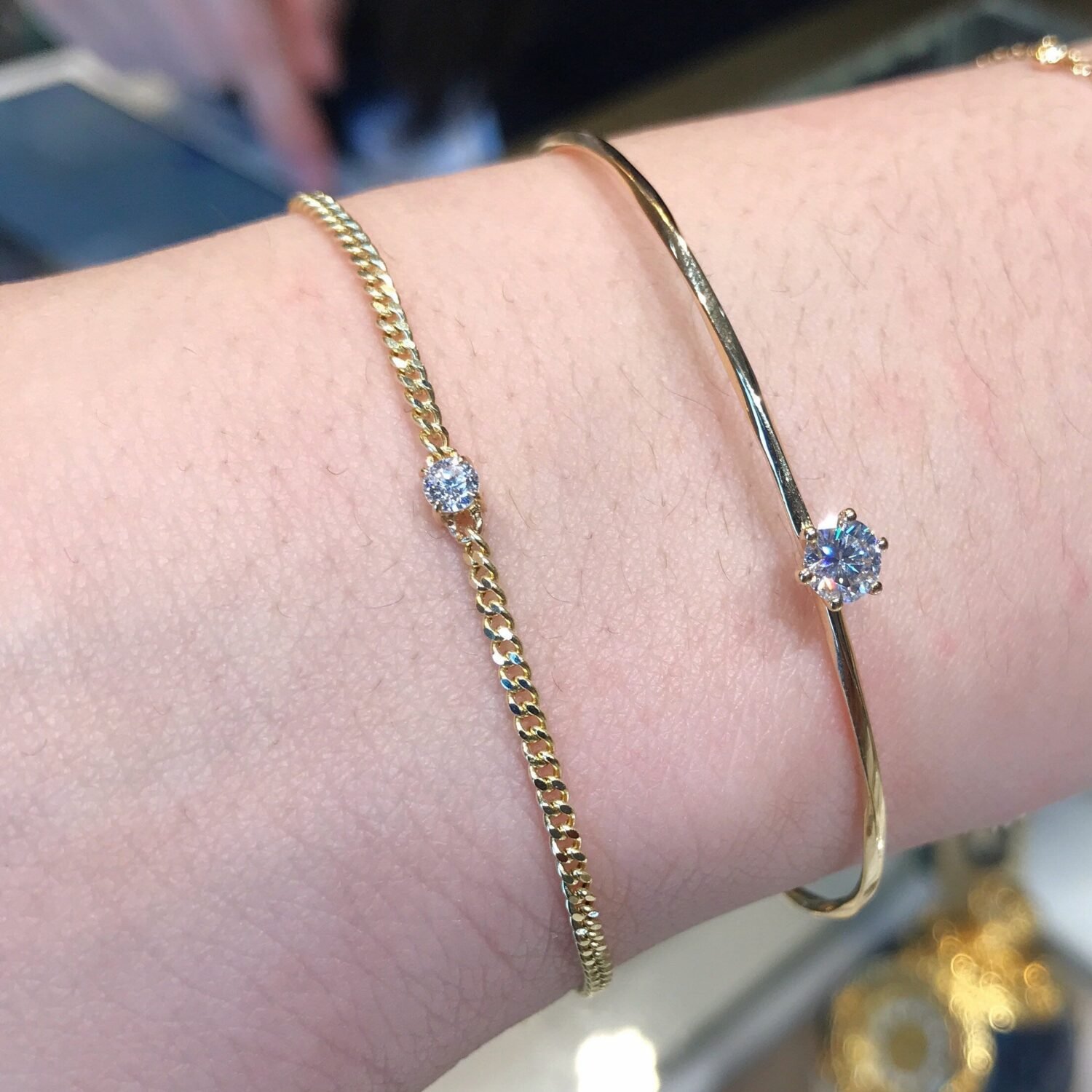 18K Solid Gold 0.20ct Lab Diamond Open Cuff Bracelet
