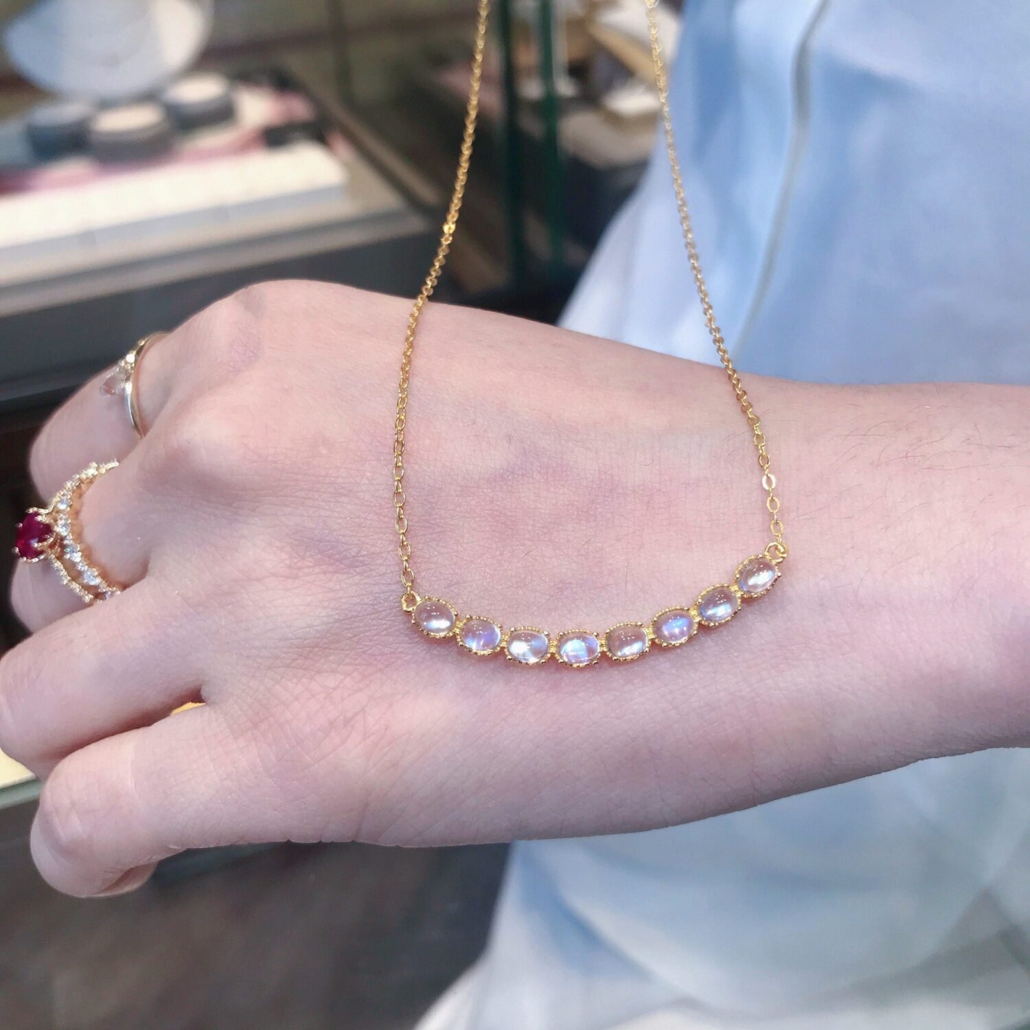 18K Solid Gold Natural Moonstone Seven-Stone Necklace