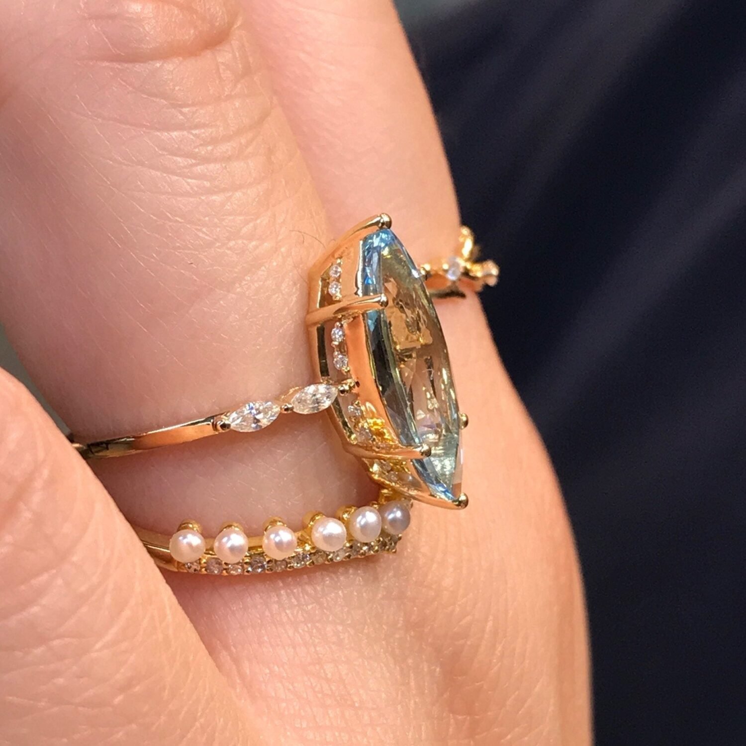 il_fullxfull.4069297533_kkof-1 14K Solid Gold Marquise Santa Maria Blue Aquamarine Engagement Ring & VS Diamond Ring 14K Promise Ring Vintage Diamond Aquamarine Ring
