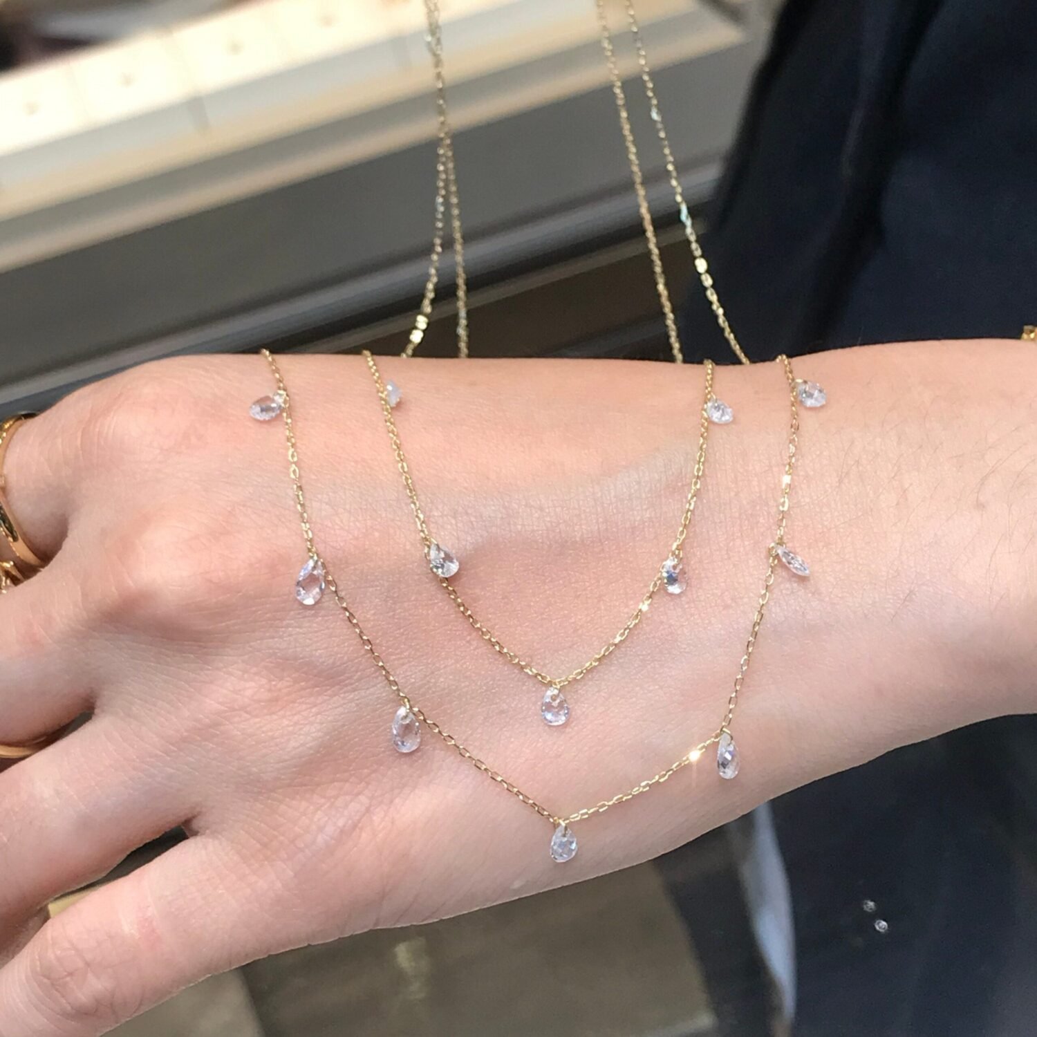 18K Solid Gold Rose-Cut Lab Grown Diamond Necklace – 9 Pierced Pear Diamonds