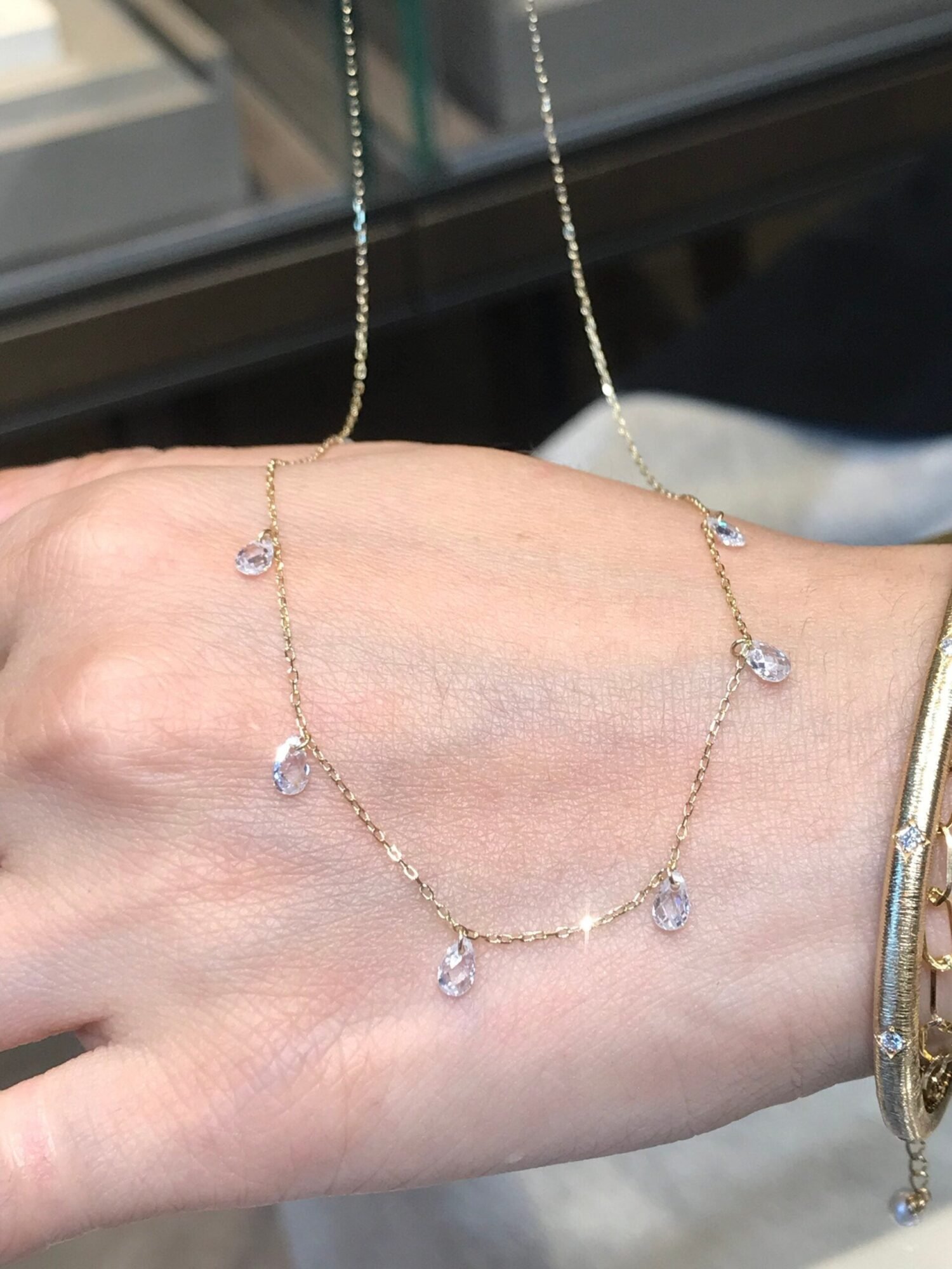18K Solid Gold Rose-Cut Lab Grown Diamond Necklace – 9 Pierced Pear Diamonds