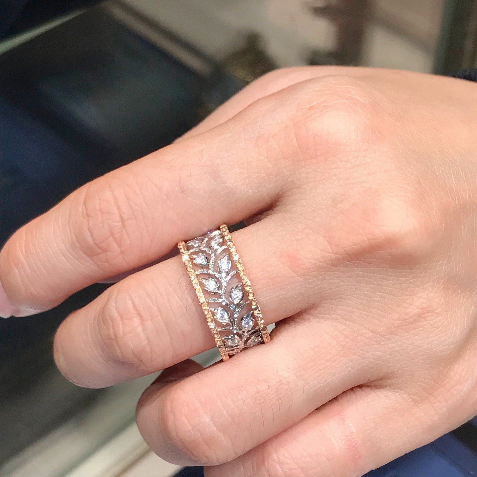 1940's Buccellati-style Designer Solid Rose Gold 7-Diamond Ring - $10K