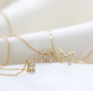 18K Gold Diamond letter necklace, Tiny letter necklace, Letter M necklace, Dainty initial necklace gold, Small monogram necklace