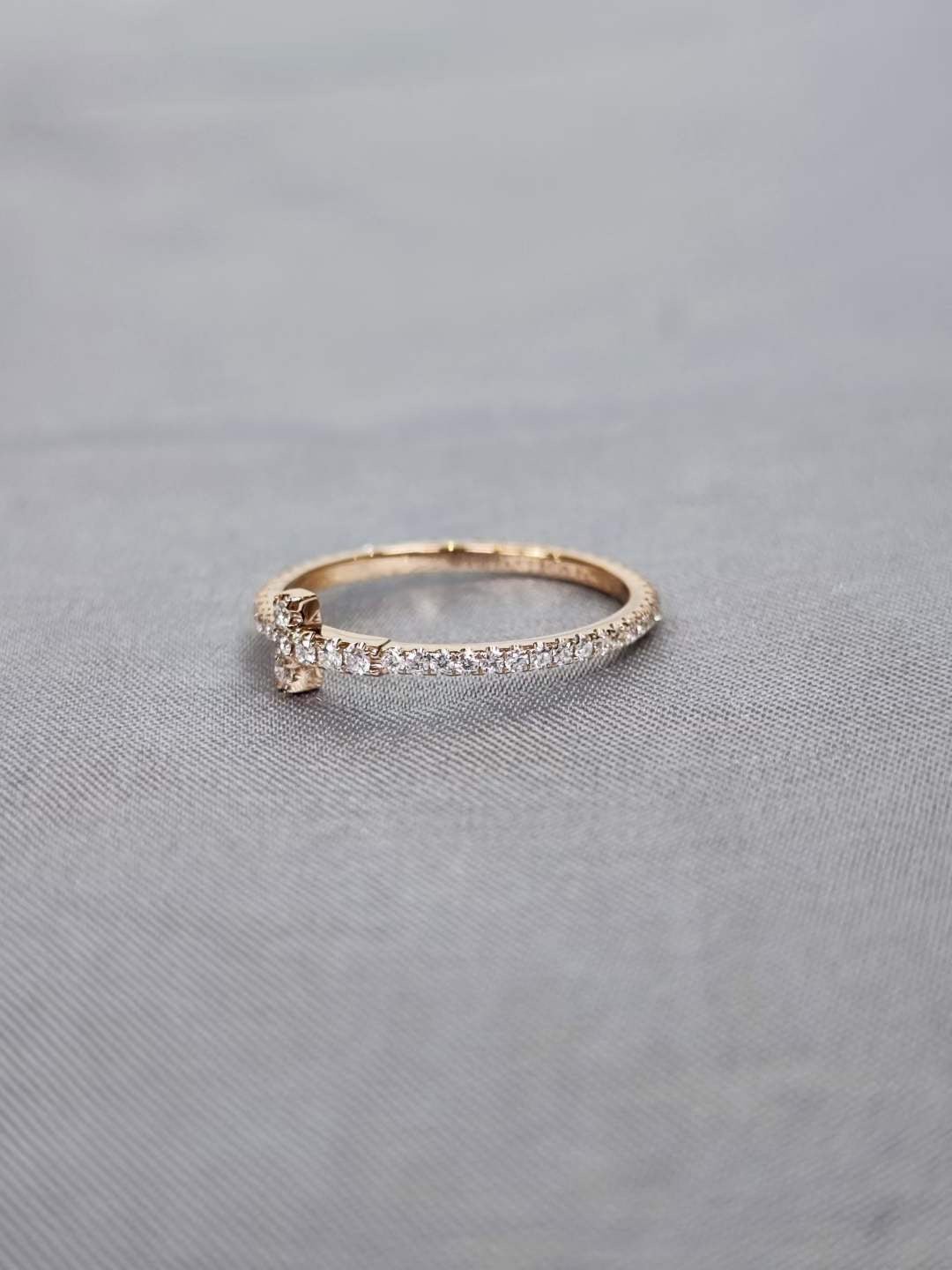 18K Yellow Gold Natural Diamond Bar Ring | Minimalist Pavé Band