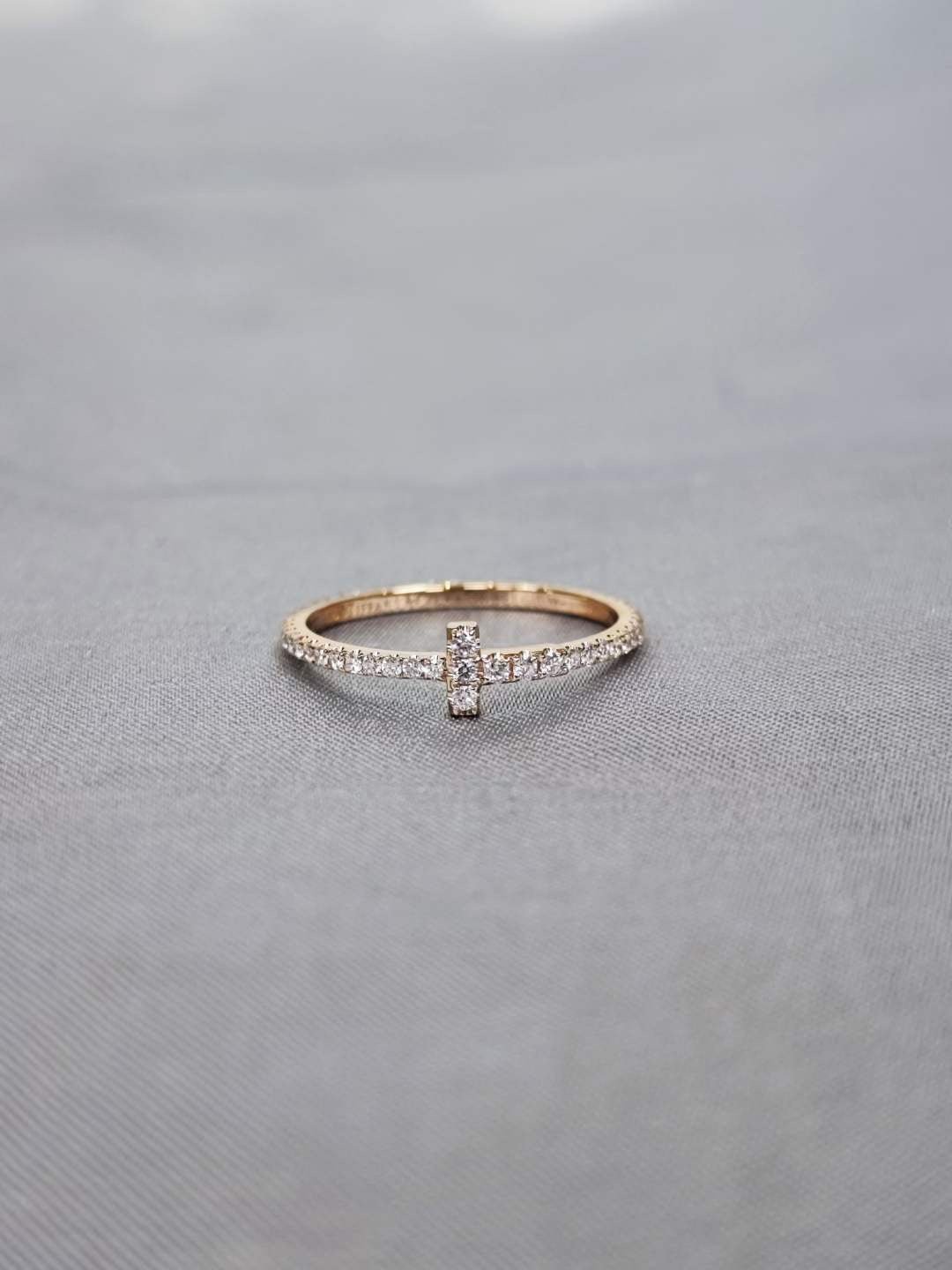 18K Yellow Gold Natural Diamond Bar Ring | Minimalist Pavé Band