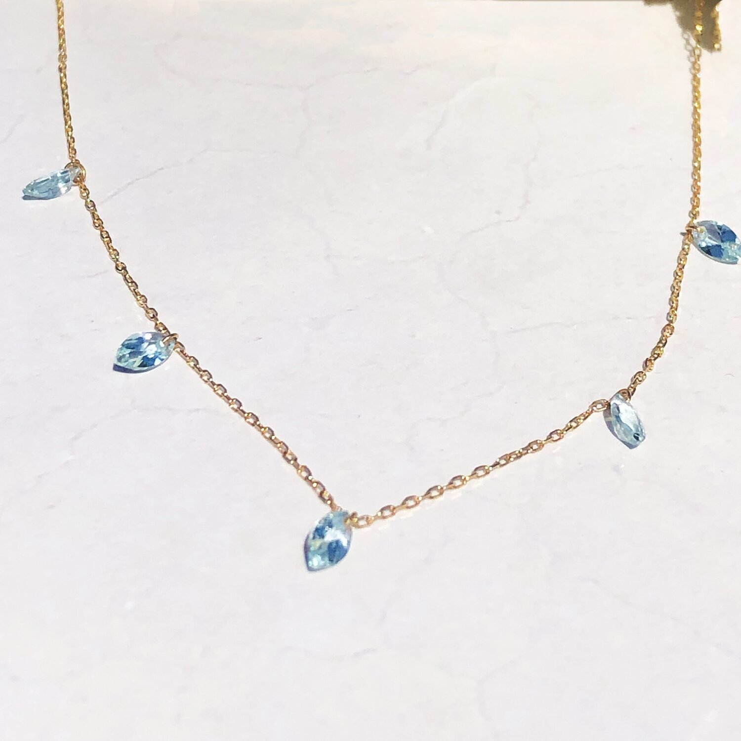 14K Solid gold aquamarine necklace,Aquamarine Station Necklace in Gold, Rose Gold • Minimalist MarquiseNecklace • Perfect Gift for Her •