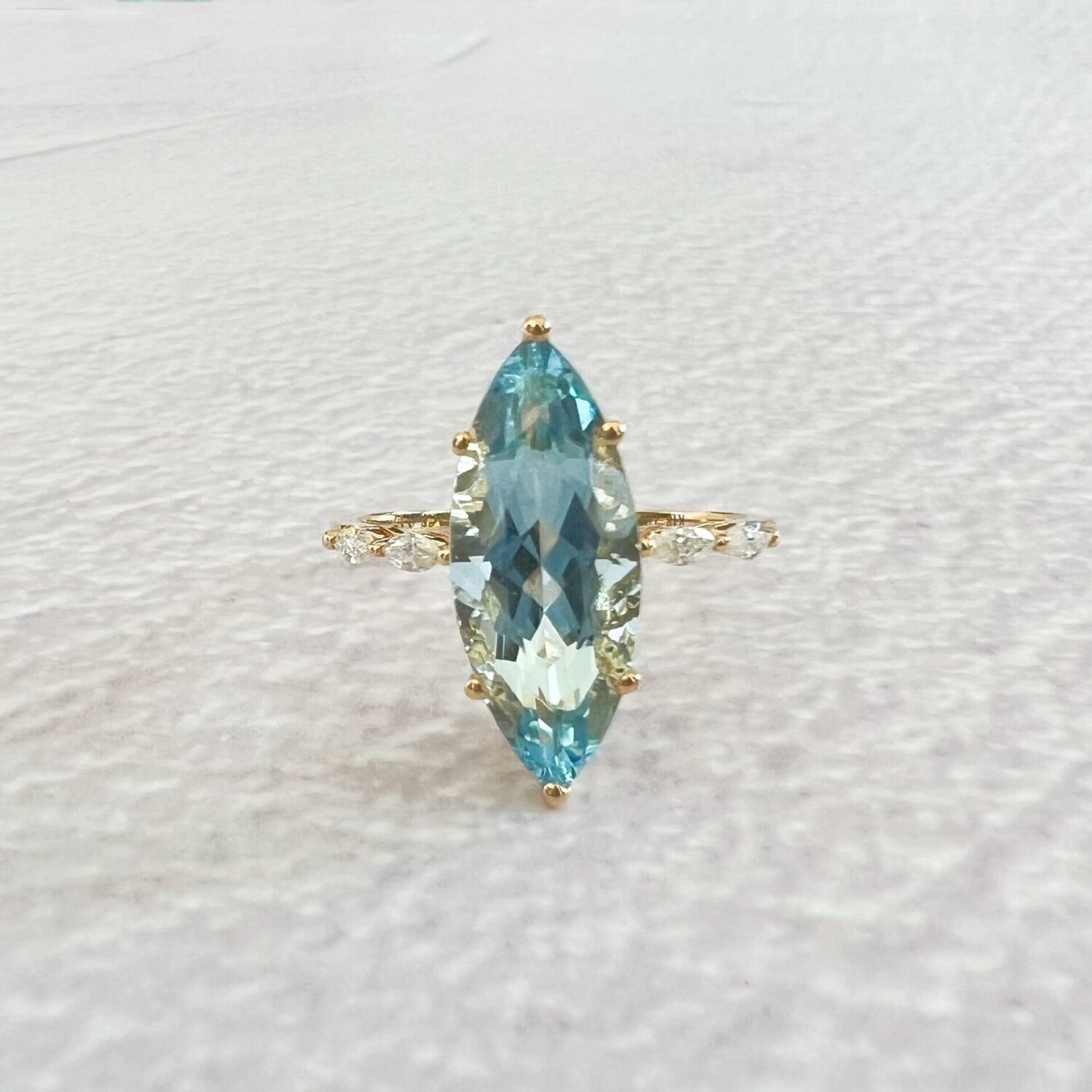 14K Solid Gold Marquise Santa Maria Blue  Aquamarine Engagement Ring & VS Diamond Ring 14K  Promise Ring Vintage Diamond Aquamarine Ring