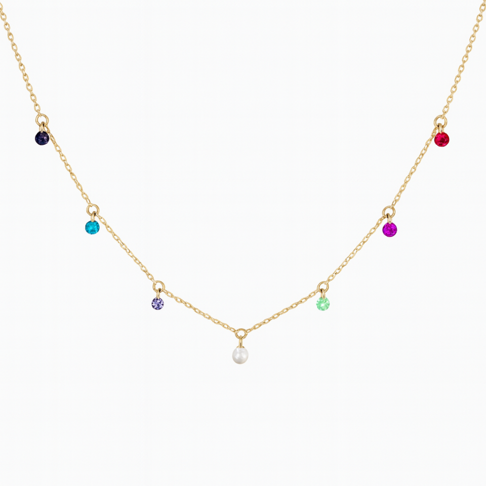 18K Gold Delicate Chain Necklace with Multi-Gemstone & Pearl Charms