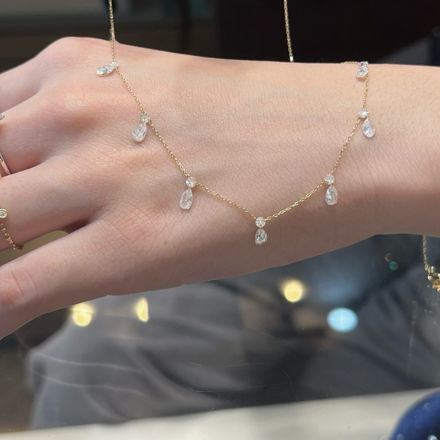Real Diamonds Round Rose Cut Set Free Bare Floating Diamonds Necklace, 18k Gold Diamond Charms Necklace, Diamond Station Necklace