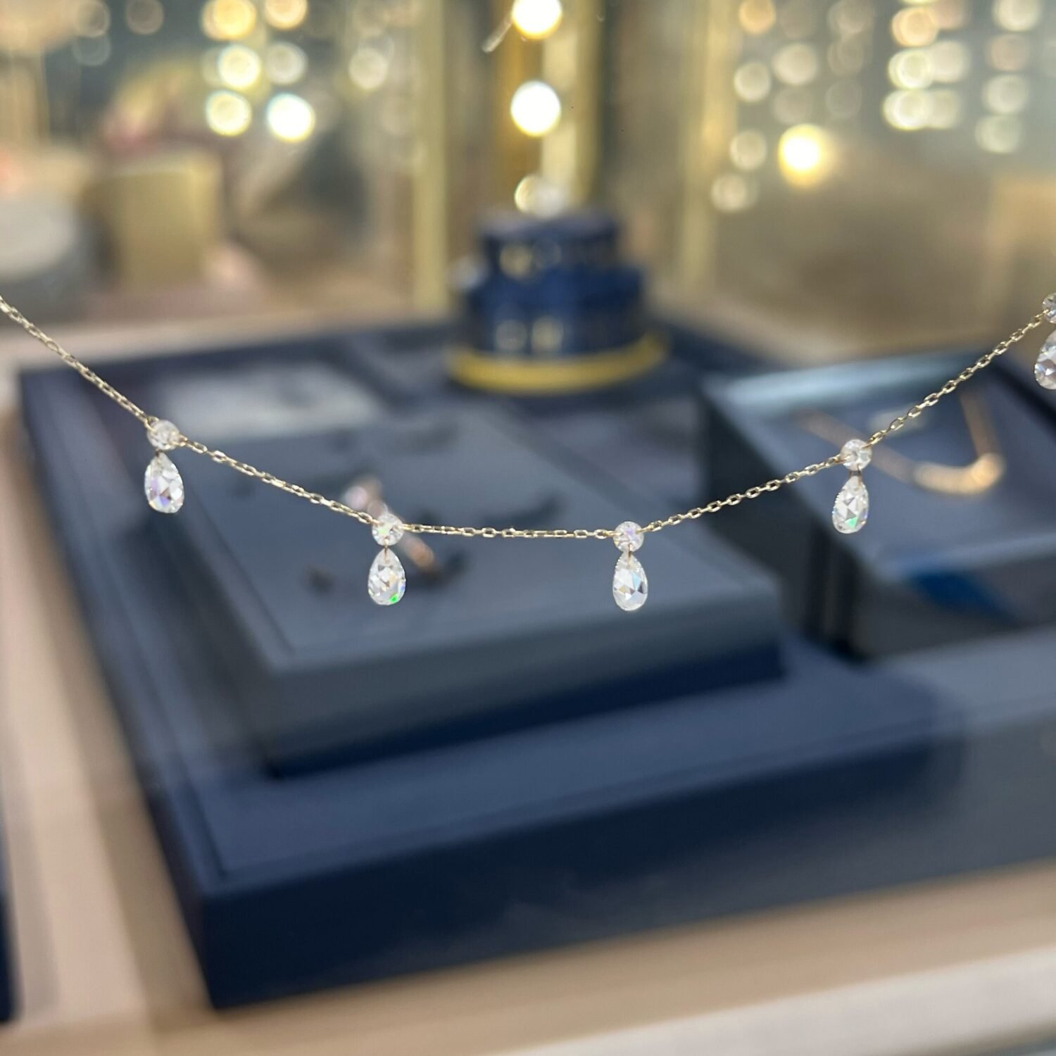 Real Diamonds Round Rose Cut Set Free Bare Floating Diamonds Necklace, 18k Gold Diamond Charms Necklace, Diamond Station Necklace