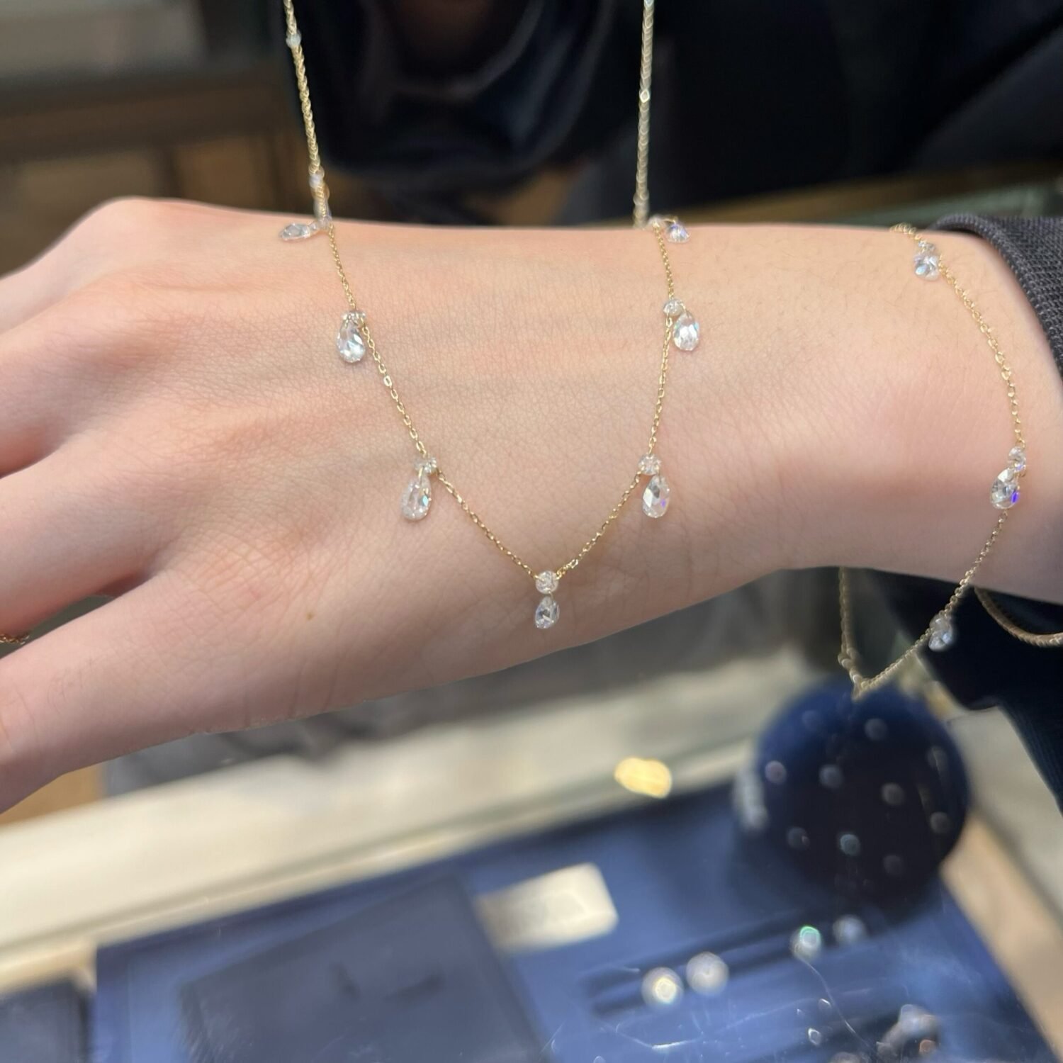 Real Diamonds Round Rose Cut Set Free Bare Floating Diamonds Necklace, 18k Gold Diamond Charms Necklace, Diamond Station Necklace
