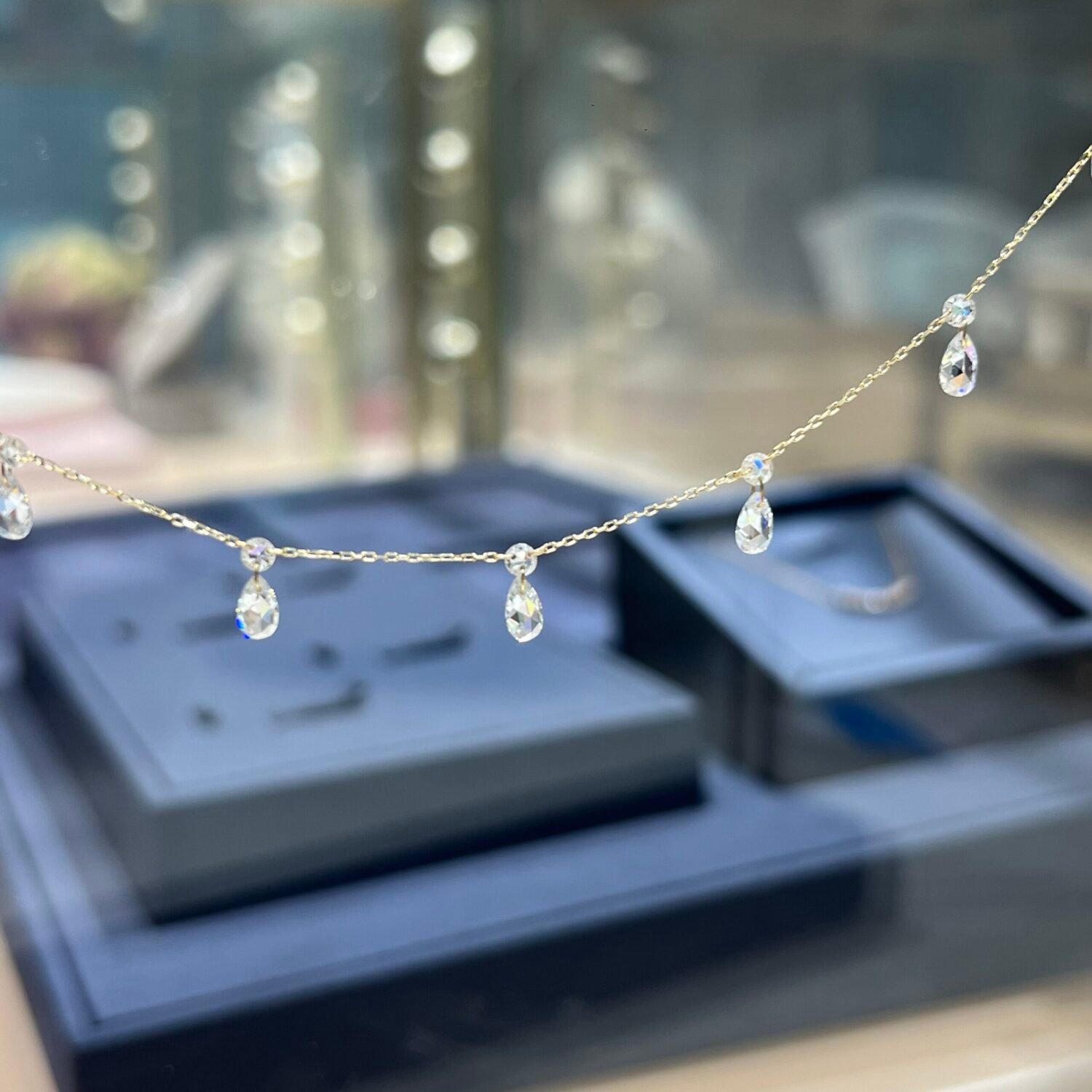 Real Diamonds Round Rose Cut Set Free Bare Floating Diamonds Necklace, 18k Gold Diamond Charms Necklace, Diamond Station Necklace
