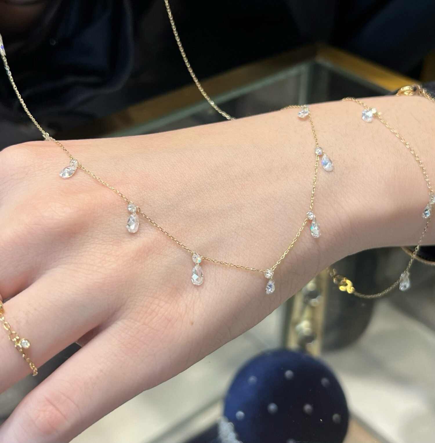 Real Diamonds Round Rose Cut Set Free Bare Floating Diamonds Necklace, 18k Gold Diamond Charms Necklace, Diamond Station Necklace